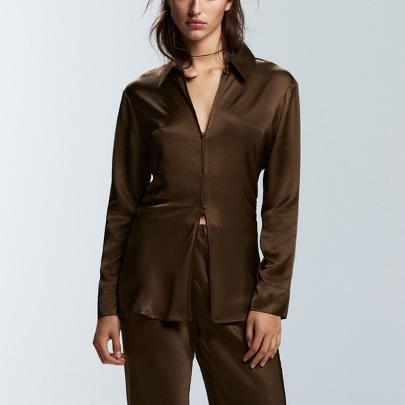 Zara satin Brown ruched side long sleeve button front collared blouse shirt - Picture 10 of 14